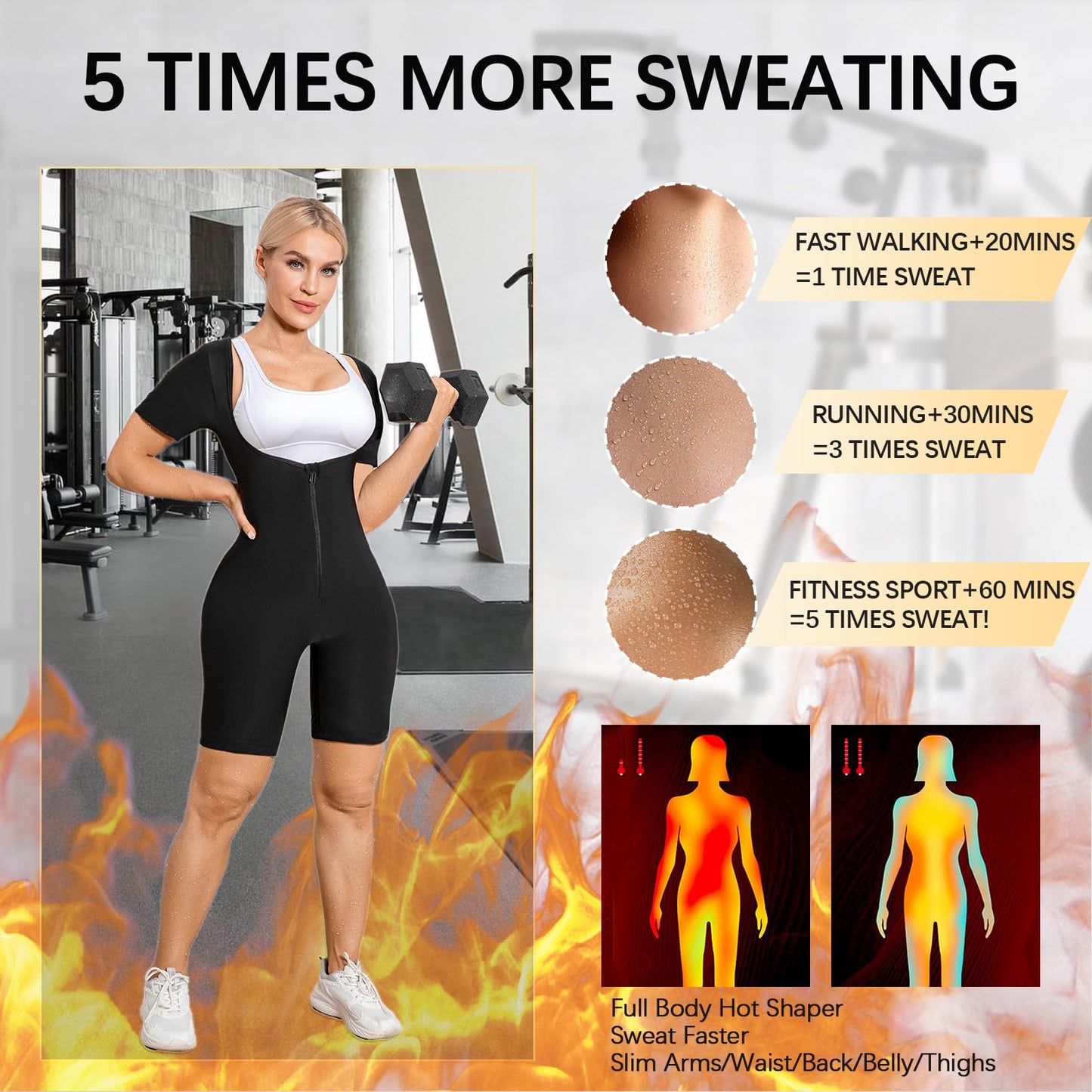 Everfion Sauna Suit for Women Full Body Waist Trainer Short Sleeve Sweat Suit with Shorts Full Body Shaper (Blue, L)