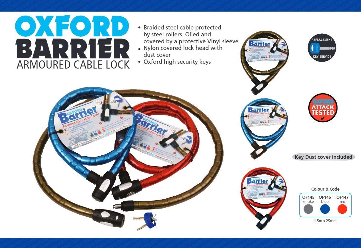Oxford OF145 Smoke 25mm Diameter 4.9' Long Barrier Armored Cable Lock