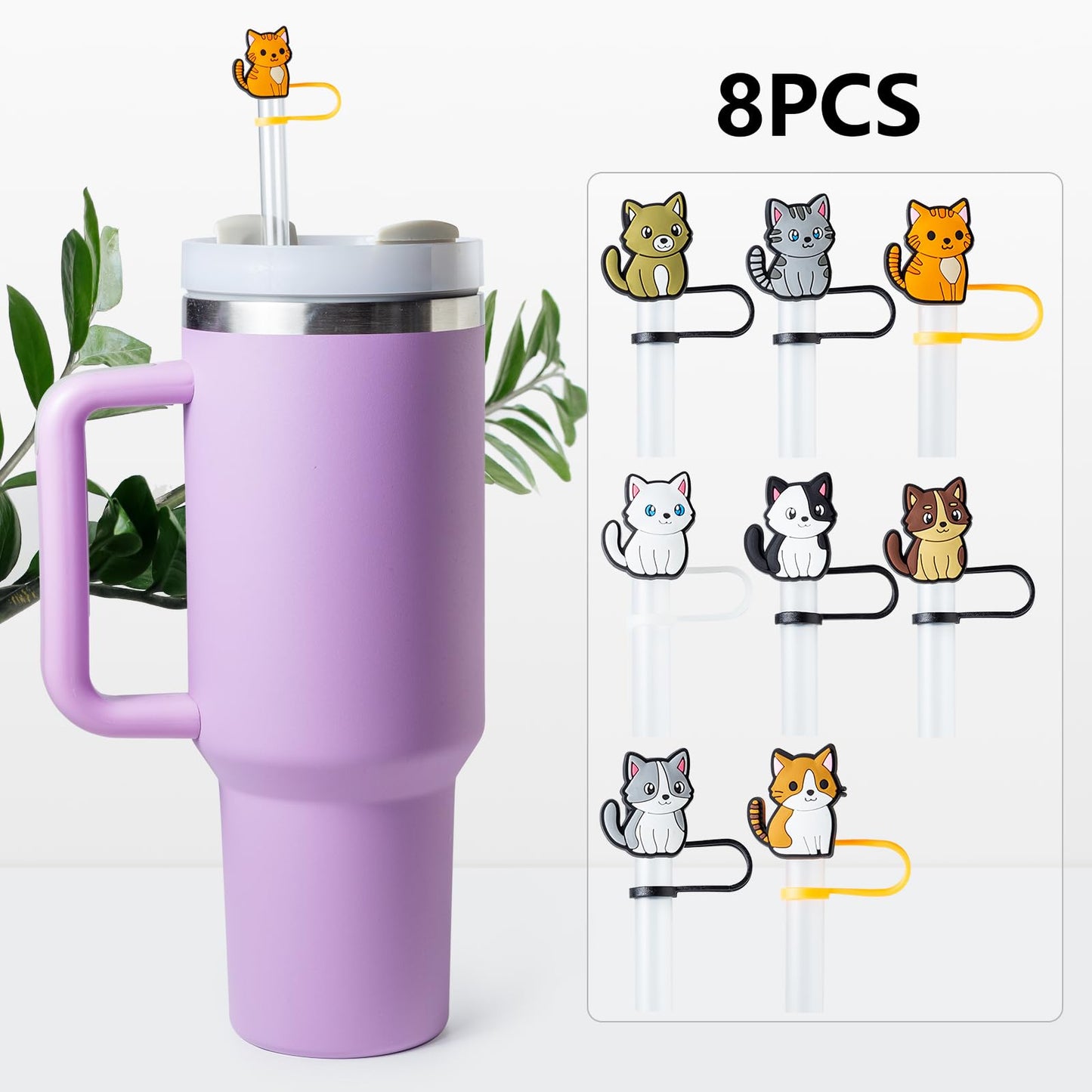 8Pcs Cat Silicone Straw Tips Cover for Stanley Cup with Handle,10mm Silicone Straw Covers for Stanley 40oz & 30oz Tumbler Cup Accessories