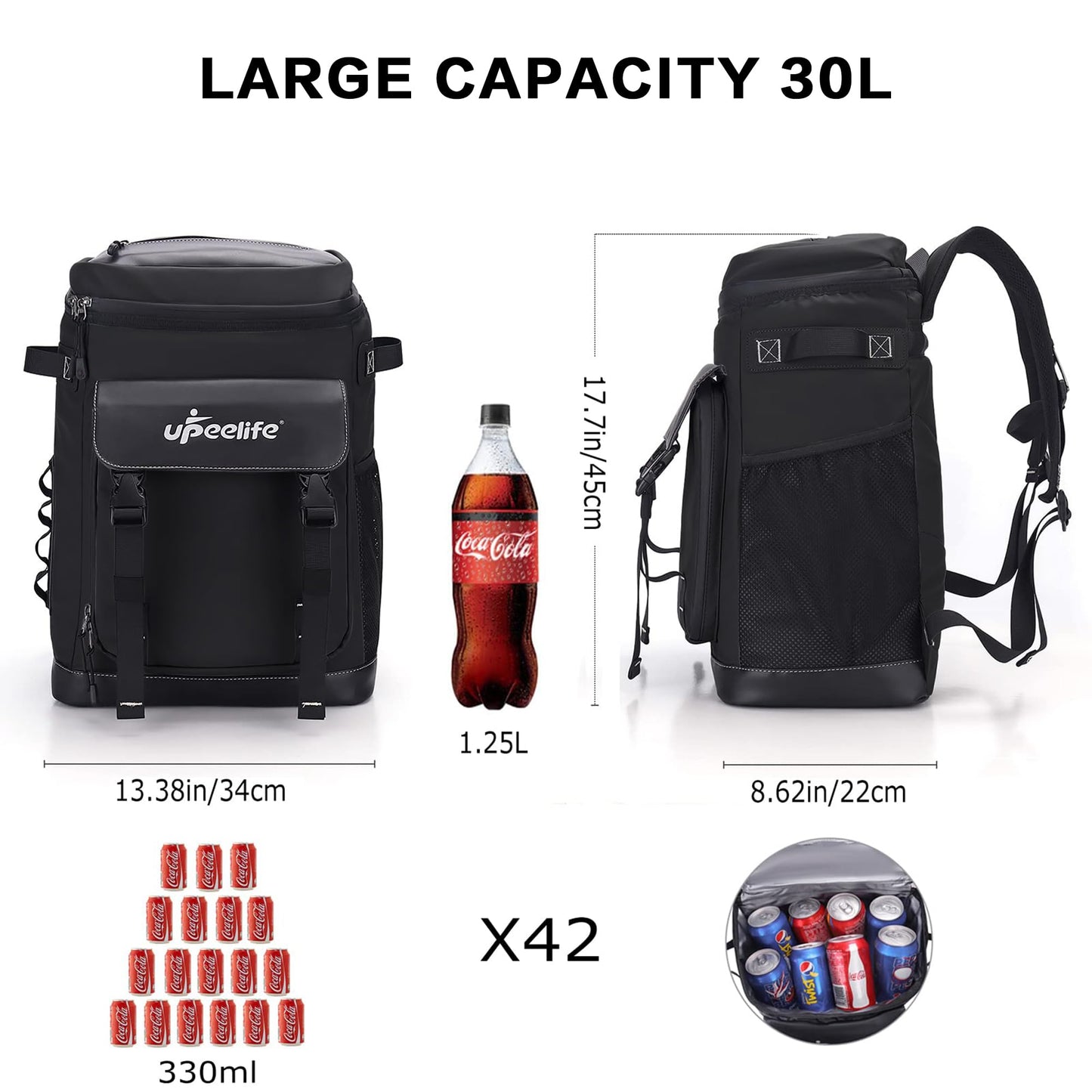 Cooler Backpack, 42 Cans Leakproof Cooler, Insulated Cooler Bag Soft Lightweight Ice Chest Backpack Lunch Backpack for Camping, Hiking, Beach (Black)