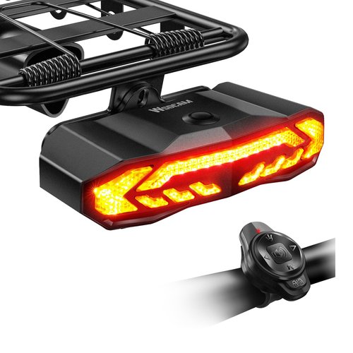 WSDCAM Bike Cargo Rack Tail Light with Turn Signals and Brake Light, Wireless Bike Horn Alarm, Auto On/Off USB C Rechargeable Bicycle Tail Light Rear Rack Bike Light Turn Signal Lights for Road Safety
