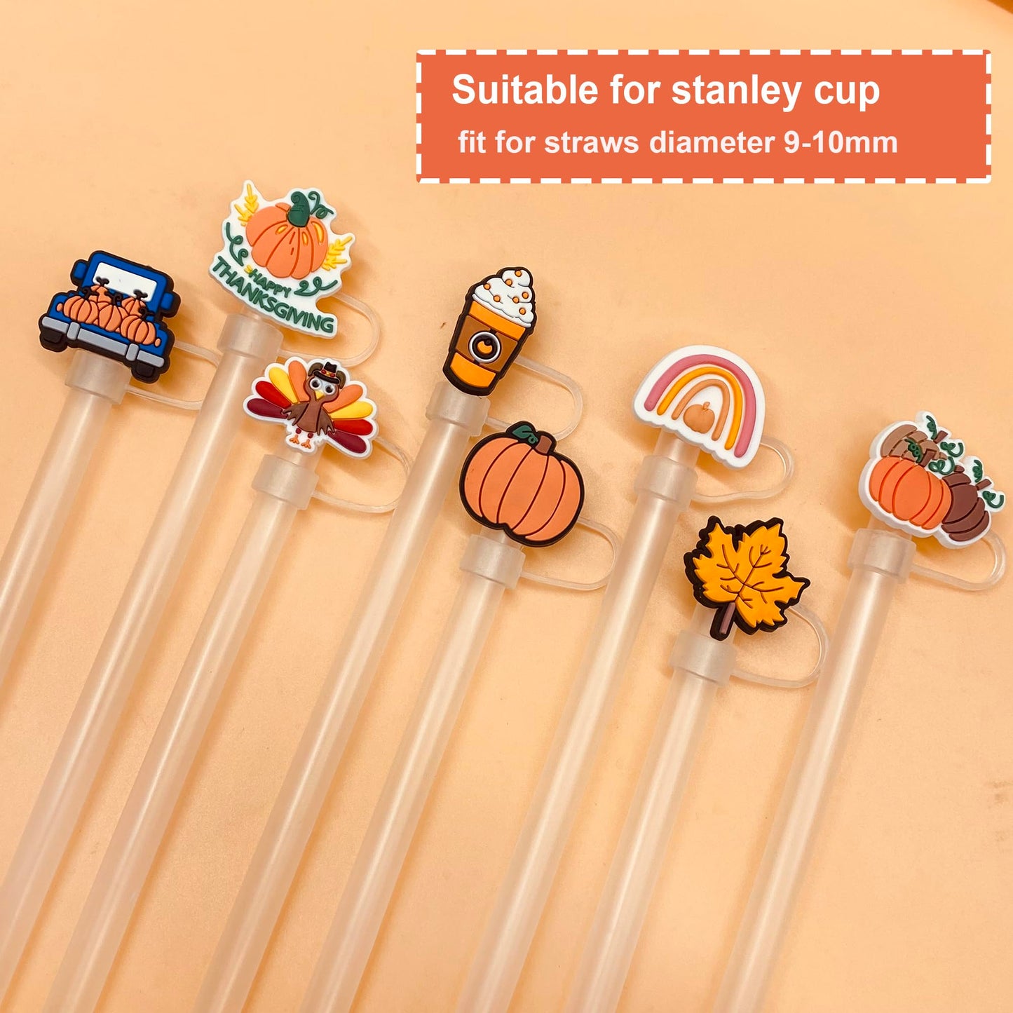9PCS Thanksgiving Straw Cover Cap for Stanley Cup,Turkey Reusable Soft Silicone Fall Straw Toppers for Stanley 30&40 Oz Tumbler