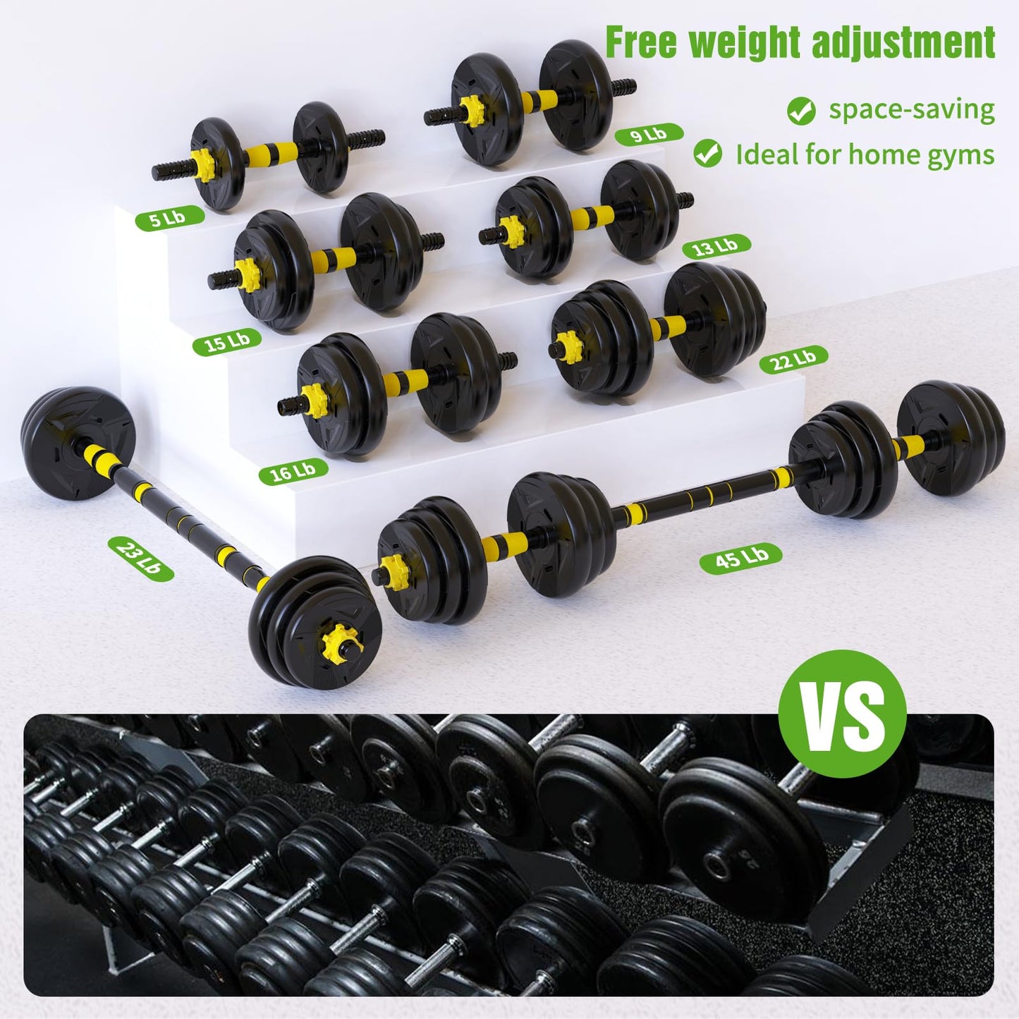 Adjustable Dumbbell Set, 44/66 lb Free Weight Dumbbell Barbell Set with Connectors, Converts to Barbell, for Home Gym Exercise, Women's and Men's Fitness Gear (44, Pounds)