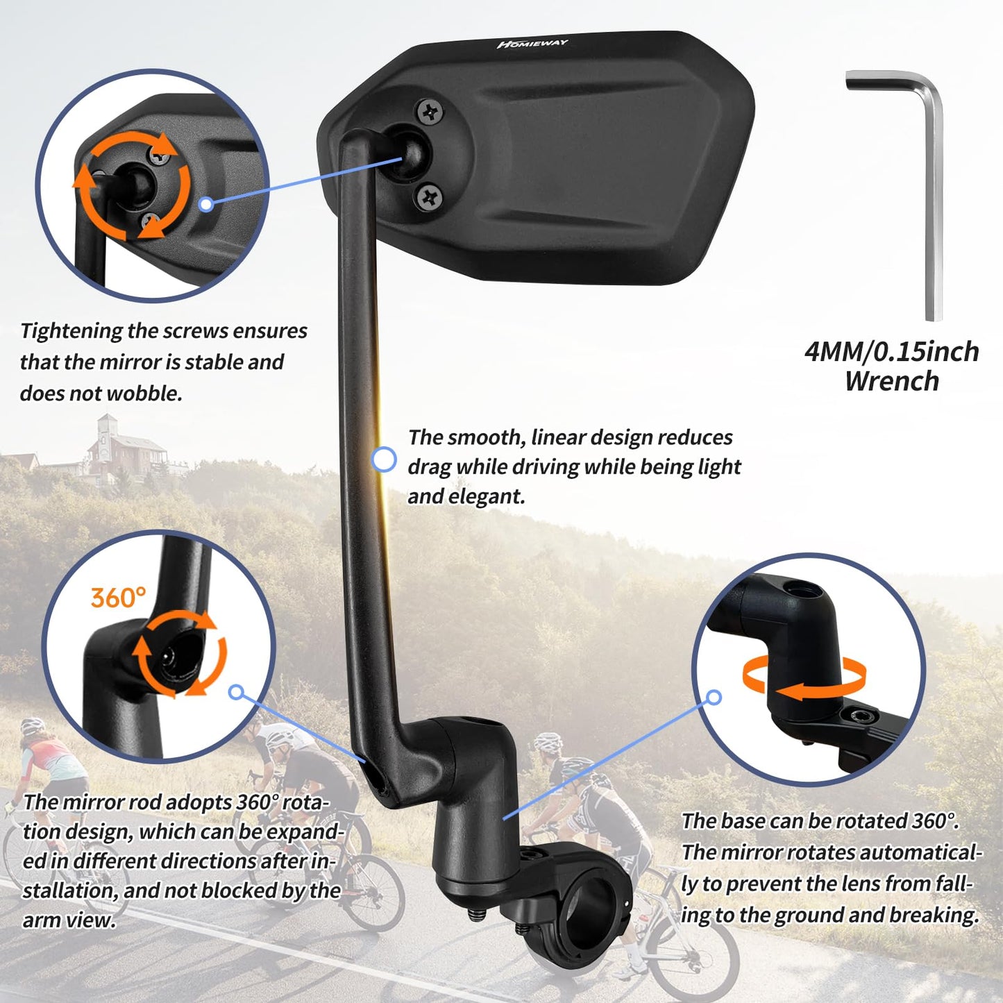 Homieway Bike Mirror, Aluminum Bicycle Mirror Handlebar Mount,Foldable & Adjustable HD Real Glass Cycle Mirror, Bike rear viewmirror for Ebike Scooter MTB (Left Handlebar 0.87-1 inch)