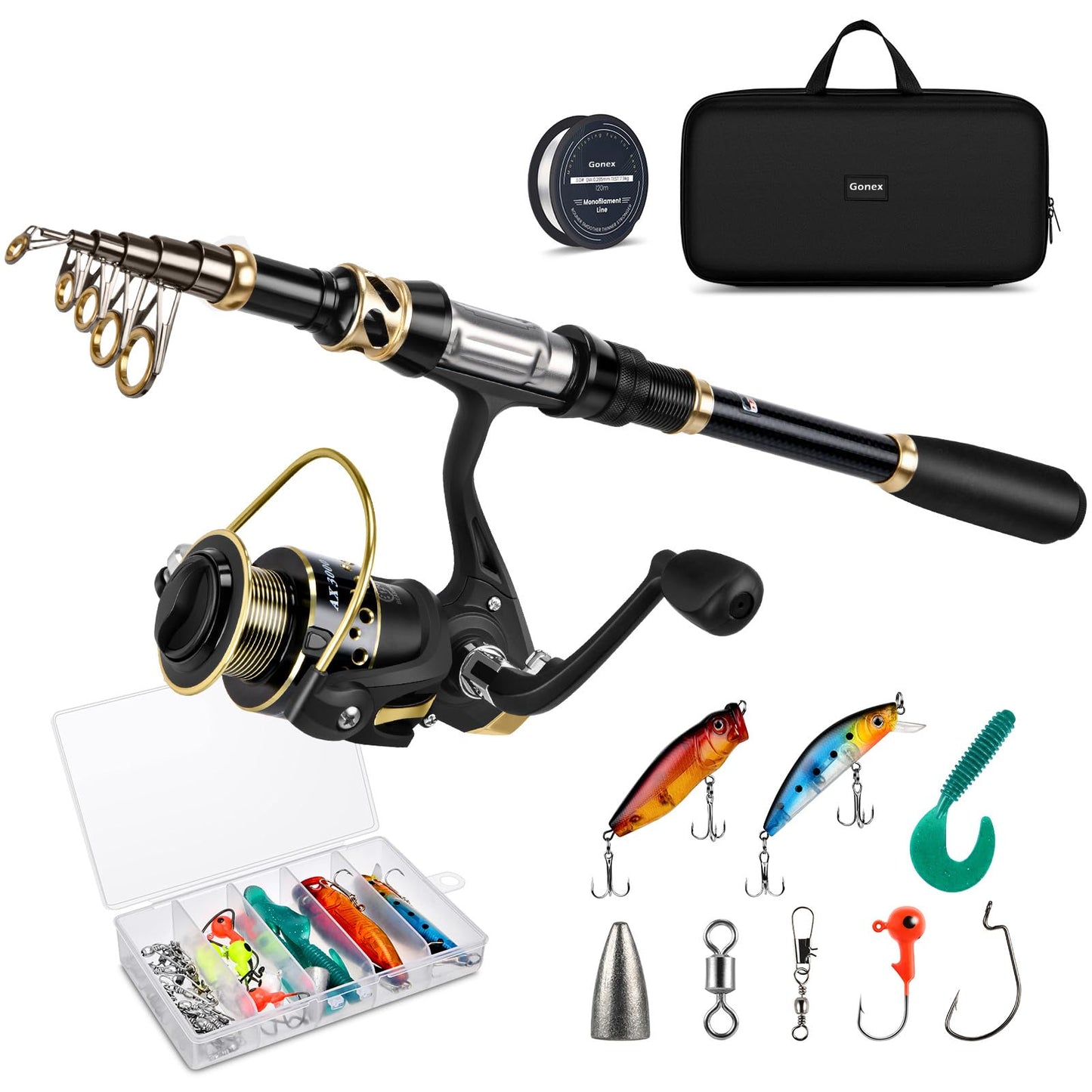 Fishing Rod and Reel Combo Telescopic Pole Set with Fishing Line, Fishing Lures Kit and Carrier Bag for Sea Saltwater Freshwater (A-Full Kit with Carrier Bag, 2.1M-6.89FT)