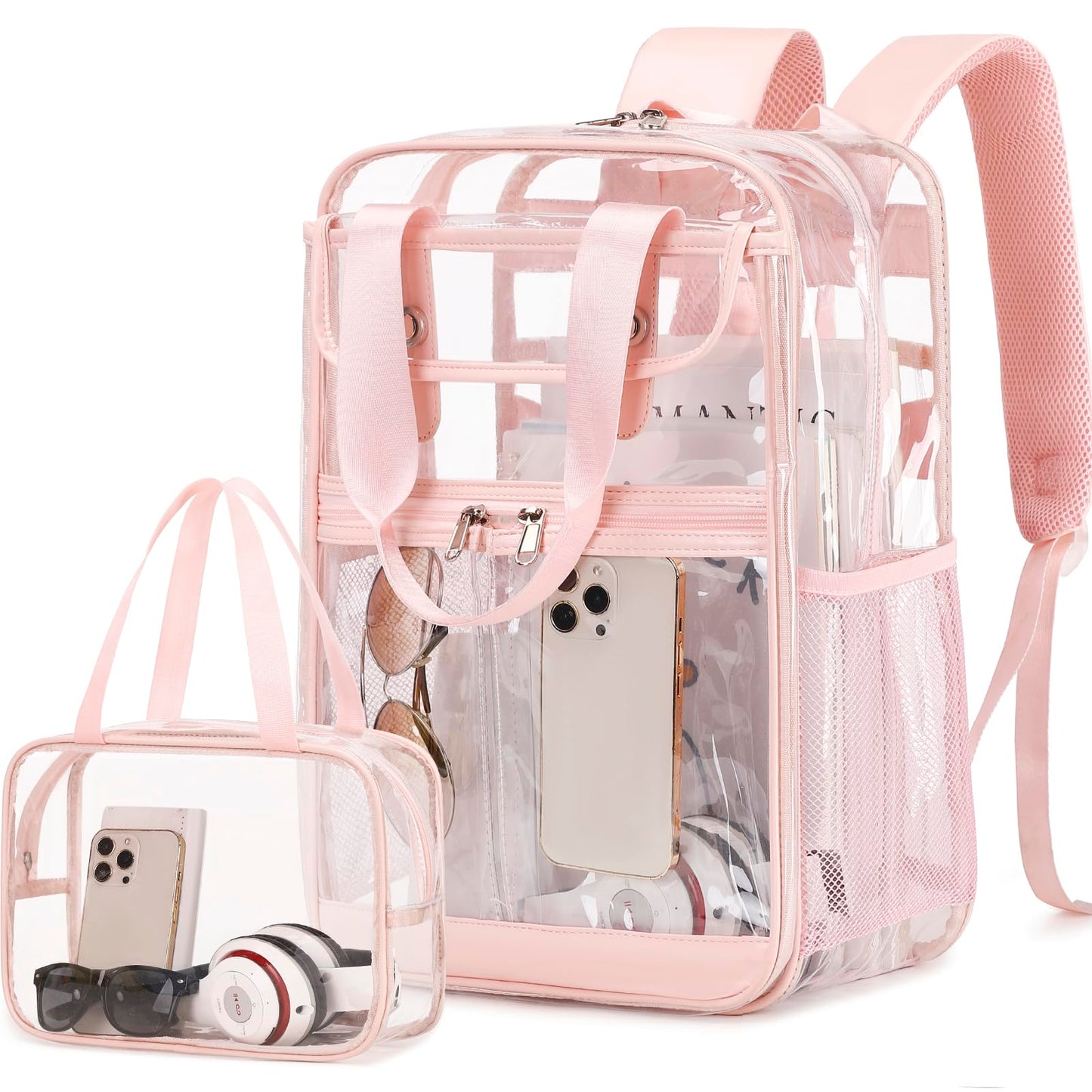 FIXITOK 2PCS Clear Backpack for Women Girls, Heavy Duty Clear Backpack with Clear Tote Bag for Stadium Events, See Through Backpack, Large Transparent Backpack Clear Bookbag for Concert Work Travel