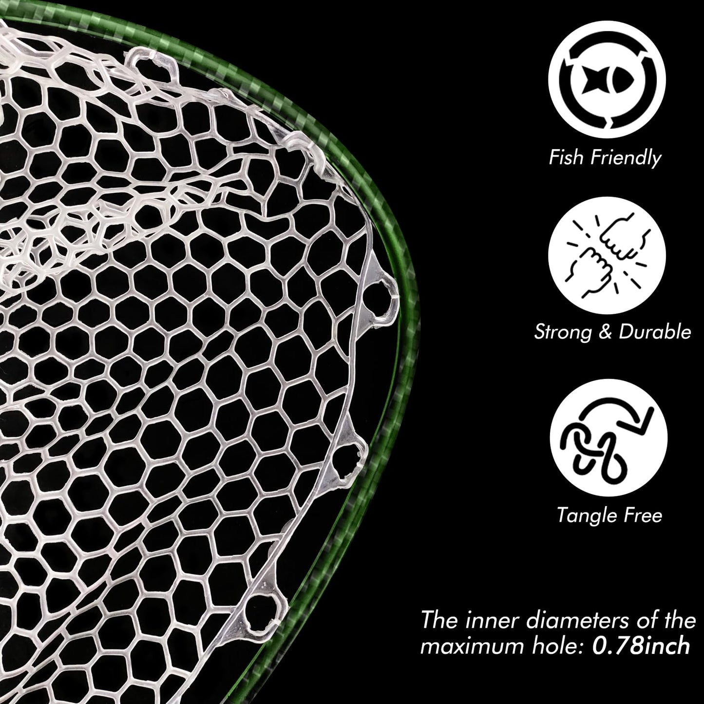 Riverruns Carbon Fiber Landing Net - Fly Floating Fishing Net with Soft Rubber Trout Net and Measuring Lines on The Handle - Lightweight and Durable（Regular Handle/Green/3K）