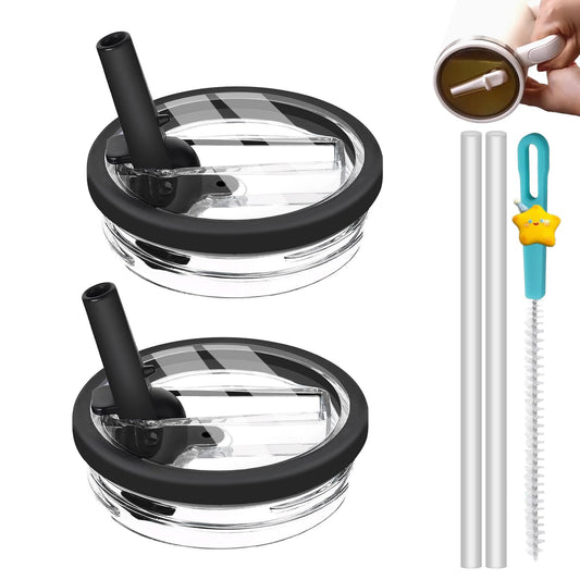 2 Pack Replacement Leak Proof Lid Compatible with Stanley 40oz Quencher Tumbler,100 color combinations for Stanley Cup Accessories,Flip Straw Lids for Quencher H2.0 (BLACK+BLACK)