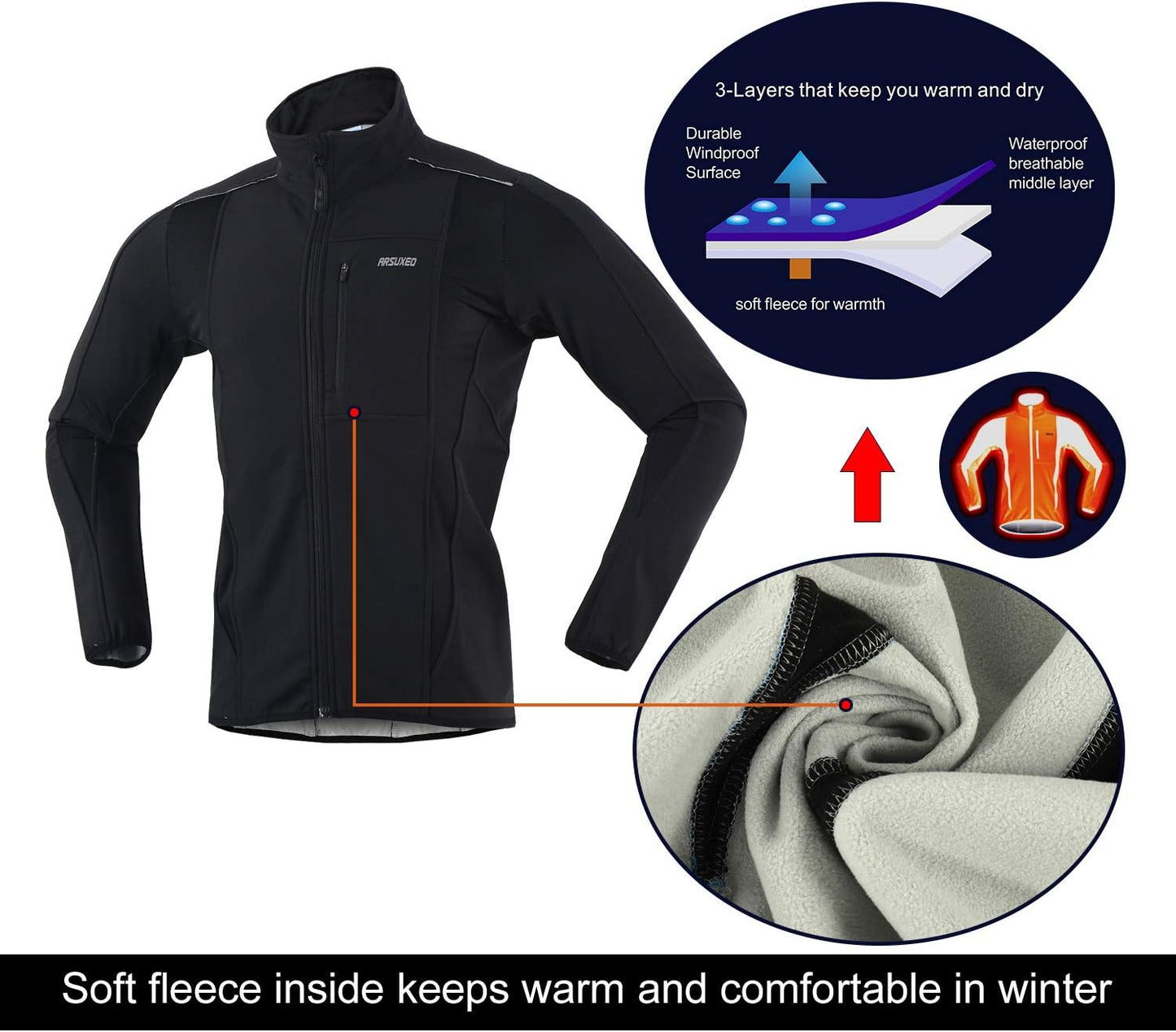 Windproof Waterproof Thermal Cycling Jacket for Winter | ARSUXEO 15K Softshell