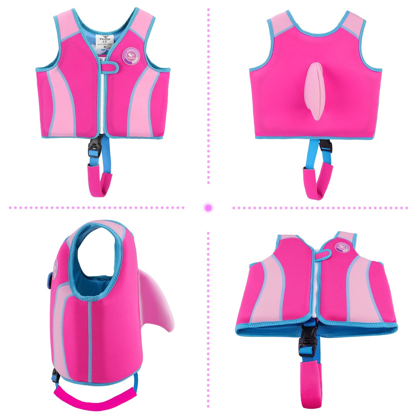 Pottwal Swim Vest for Kids - Swim Jacket for 1-2 Years (24-33LBS Weight) - Puddle Jumper with Adjustable Crotch Strap - Made of Neoprene & EPE - Pink Fish Fin Pattern