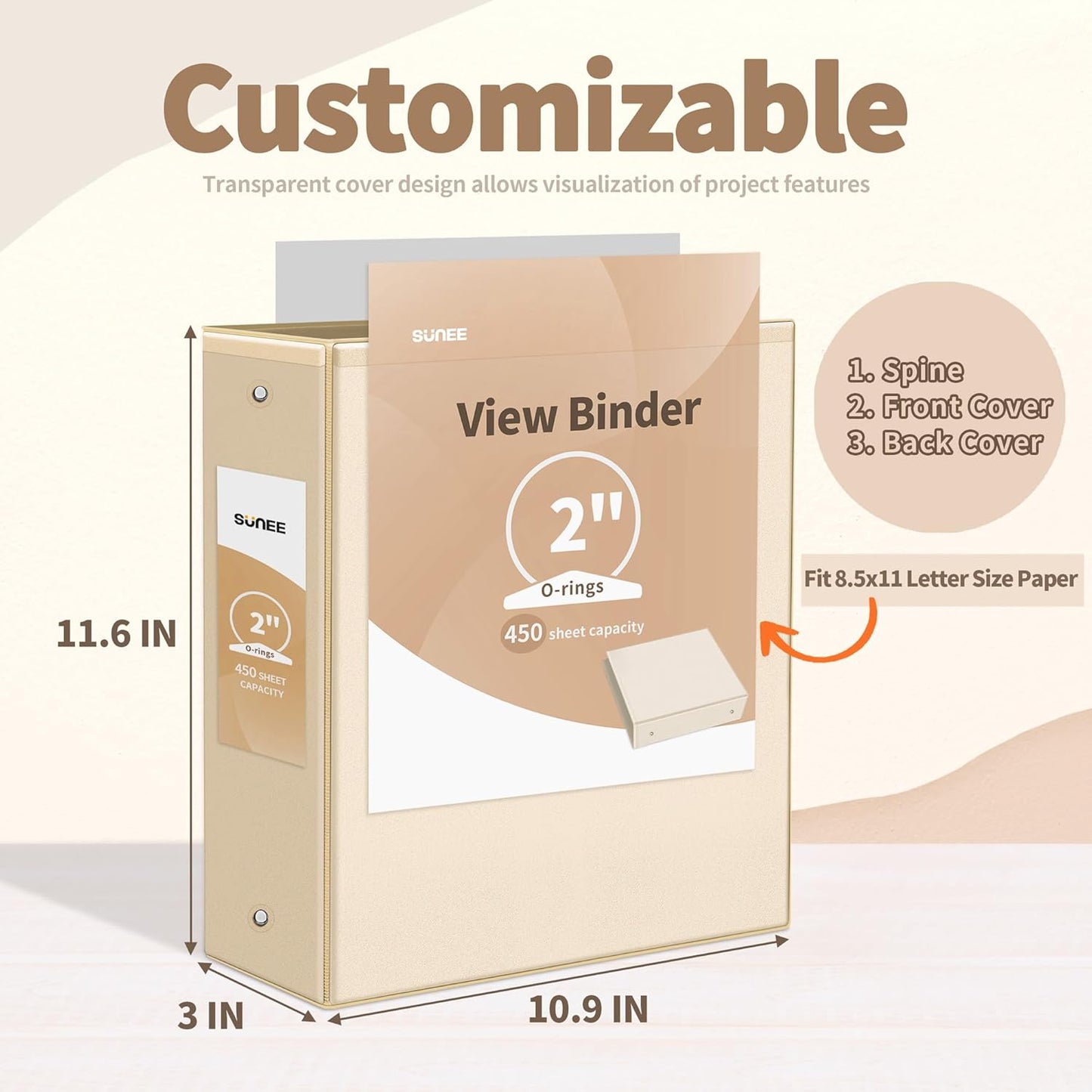 SUNEE 3 Ring Binder 1.5 Inch 4 Pack, Clear 1 1/2 Inch View Binder Three Ring PVC-Free (Fit 8.5x11 Inches) for School or Office Supplies, Neutral Aesthetic