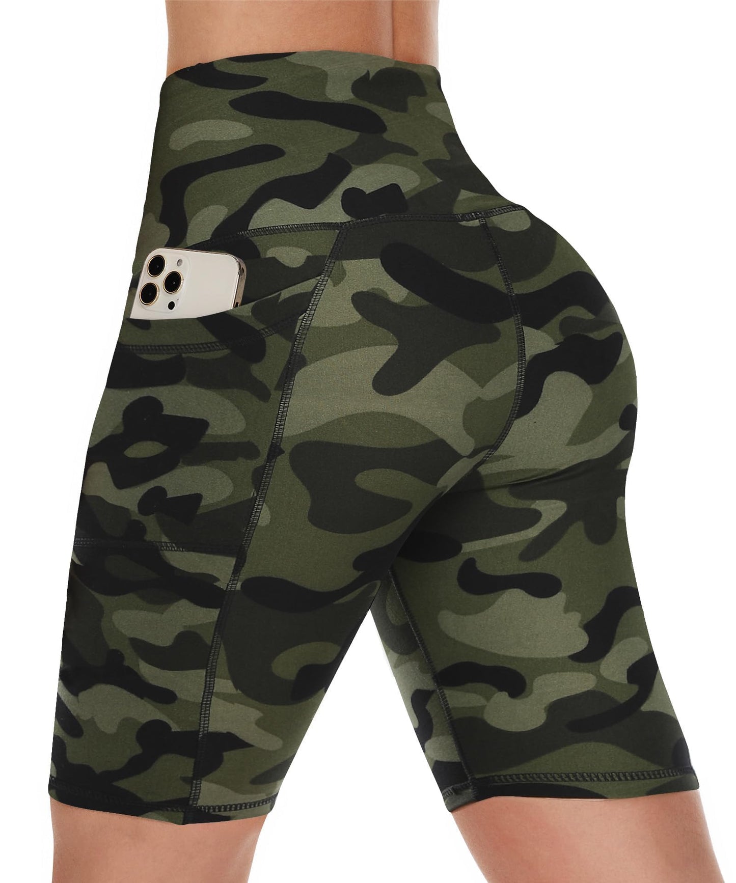 CAMPSNAIL Biker Shorts Women with Pockets - 3"/5"/8" High Waisted Workout Spandex Tummy Control Gym Running Yoga Shorts Green Camo