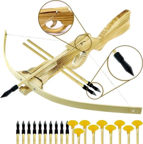 Handmade Wooden Crossbow - Archery Set with 10 Rubber-Tipped Bamboo Wood Arrows, 10 Suction Cup Arrows - Birthday Party Games, Gifts