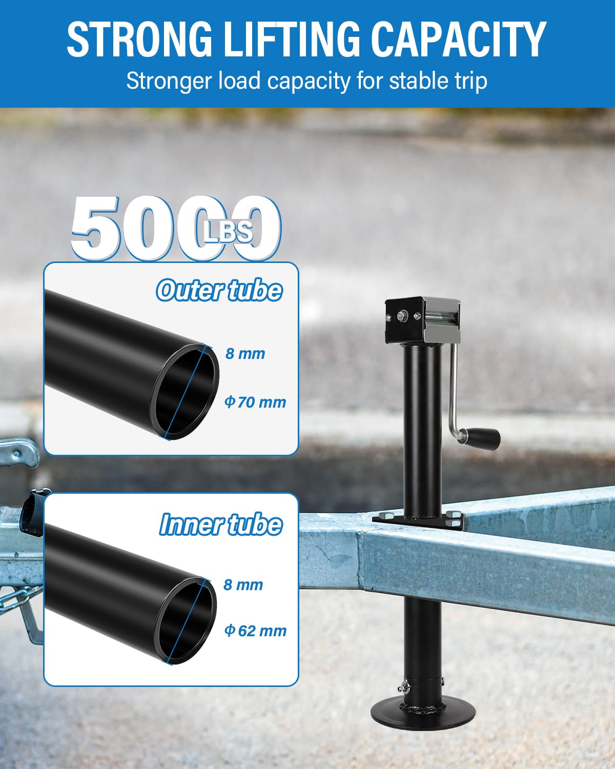 FAHKNS 5000 lbs A-Frame Trailer Jack, 15" Lift Adjustable Drop Leg Side Wind RV Tongue Trailer Jack, Heavy Duty for Utility, Camper, RV, Trailer, Boat