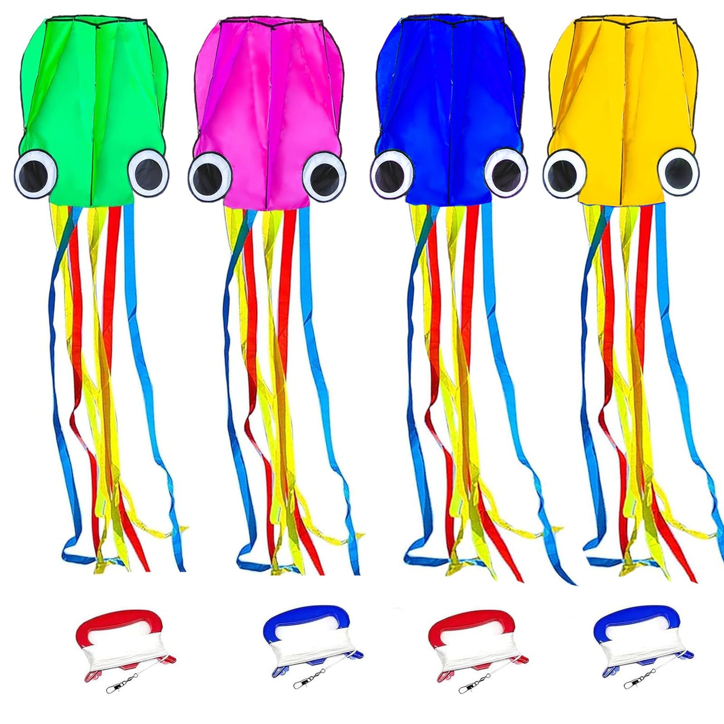 Flying Hoofer Large Octopus Kites(2packs) for Kids and Adults - Easy to Fly, 28X158 3D Software Colorful Kite with Long Tails. Perfect for Beach and Outdoor Activities (Red & Blue).