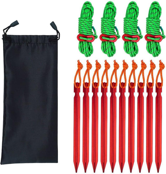 SourceTon 10 Pack Tent Stakes with 4 Reflective Guy Lines - 7075 Aluminum Lightweight Rust-Free Camping Pegs for All Terrains, Includes Adjustable Cord & Carry Pouch (7" Heavy Duty)