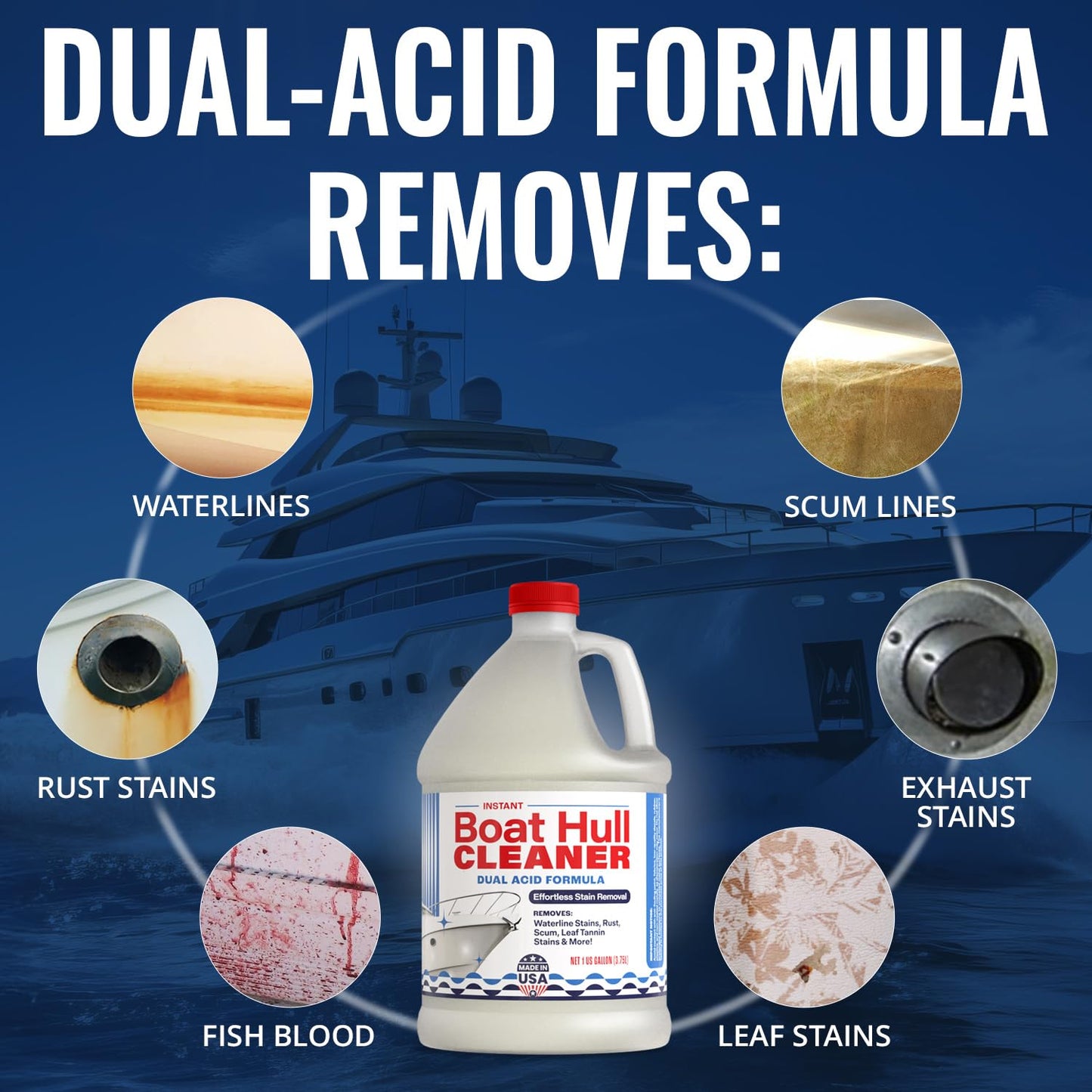 [1 Galllon] Instant Boat Hull Cleaner - Made in USA - Powerful Dual Acid Formula Easily Removes Scum Lines, Rust Stains, Hard Waterlines, & More from Fiberglass, Gelcoat & Painted Boat Surfaces