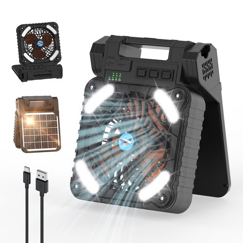 Smiling Shark Camping Fan with LED Lantern, 6000 mAh Rechargeable Solar Camp Fan with 4 Speeds Powerful Wind & 3 Timer 90° Foldable Cordless Portable Tent Fan for Camping Fishing Hiking