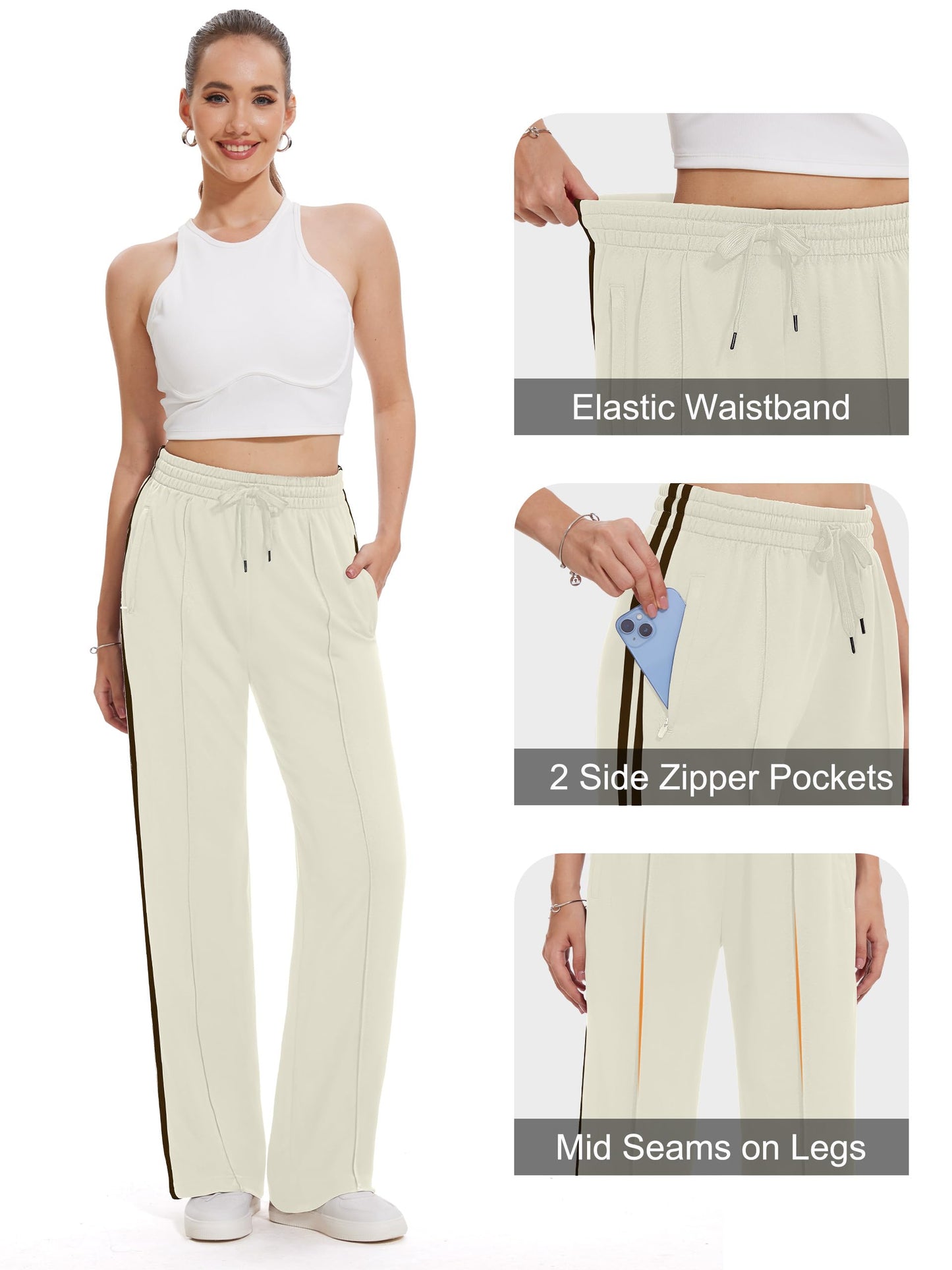 Tapata Regular Women's 30" Inseam Casual Pants Track Athletic Sweatpants Warm Up Loose Side Stripe Street Slacks, Beige, M
