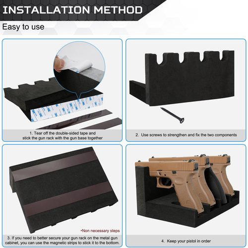 OCQOTAT Pistol Rack for Safe - Foam Holder for Cabinet, Stand with 2 Magnetic Strips Fits 4 Guns
