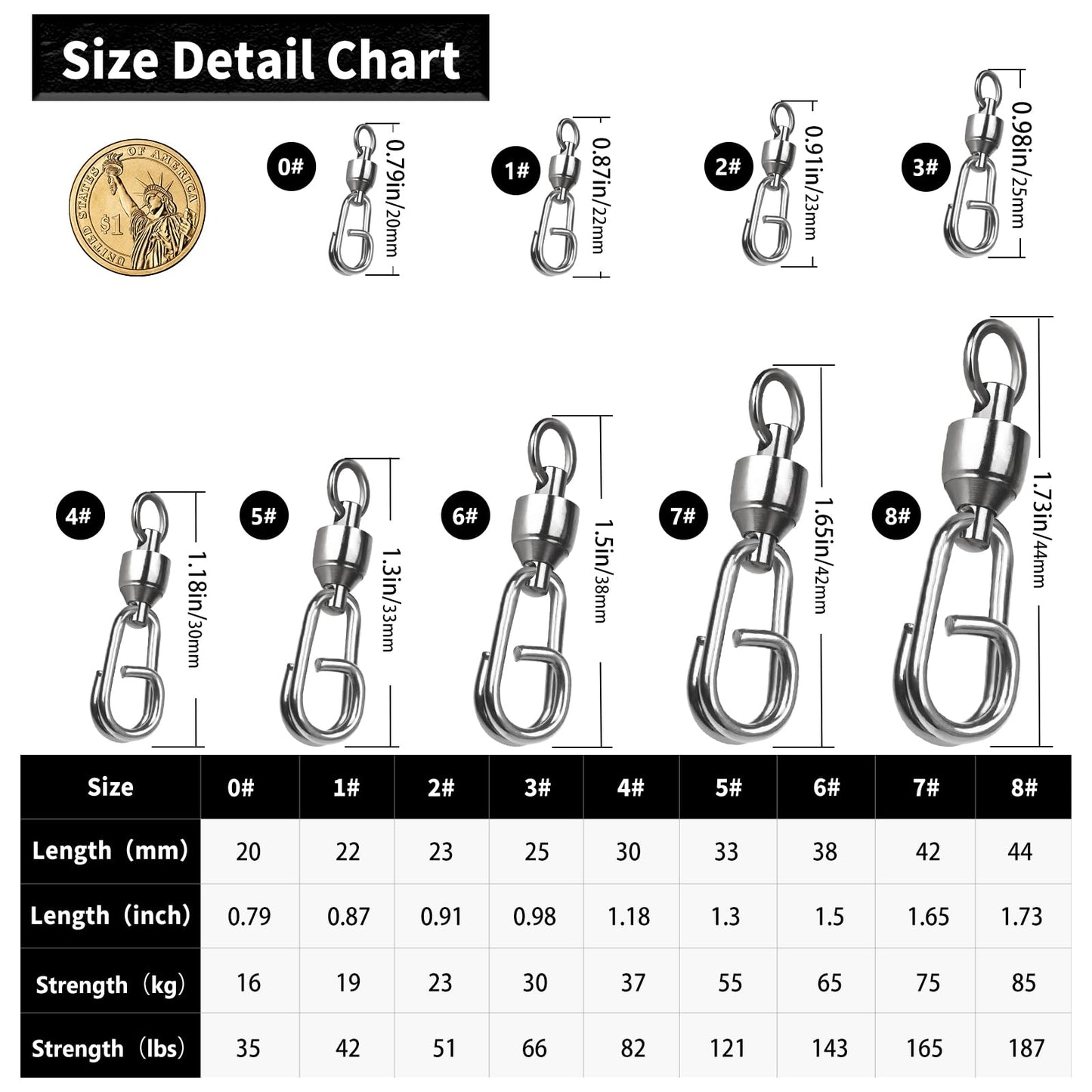 FishTrip Ball Bearing Swivel with Oval Split Rings - 25pcs Snap Swivels Fishing Tackle Saltwater Freshwater (Size 1_41lbs)