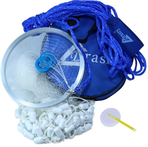 Drasry Fishing Cast Net with Aluminum Ring 3/8 or 1/2 Mesh for Saltwater Freshwater Bait Shrimp Trap Fish Throw Net Size 4FT/5FT/6FT/7FT Radius (Gray Sinkers 3/8 Mesh, 6FT / 180cm Radius