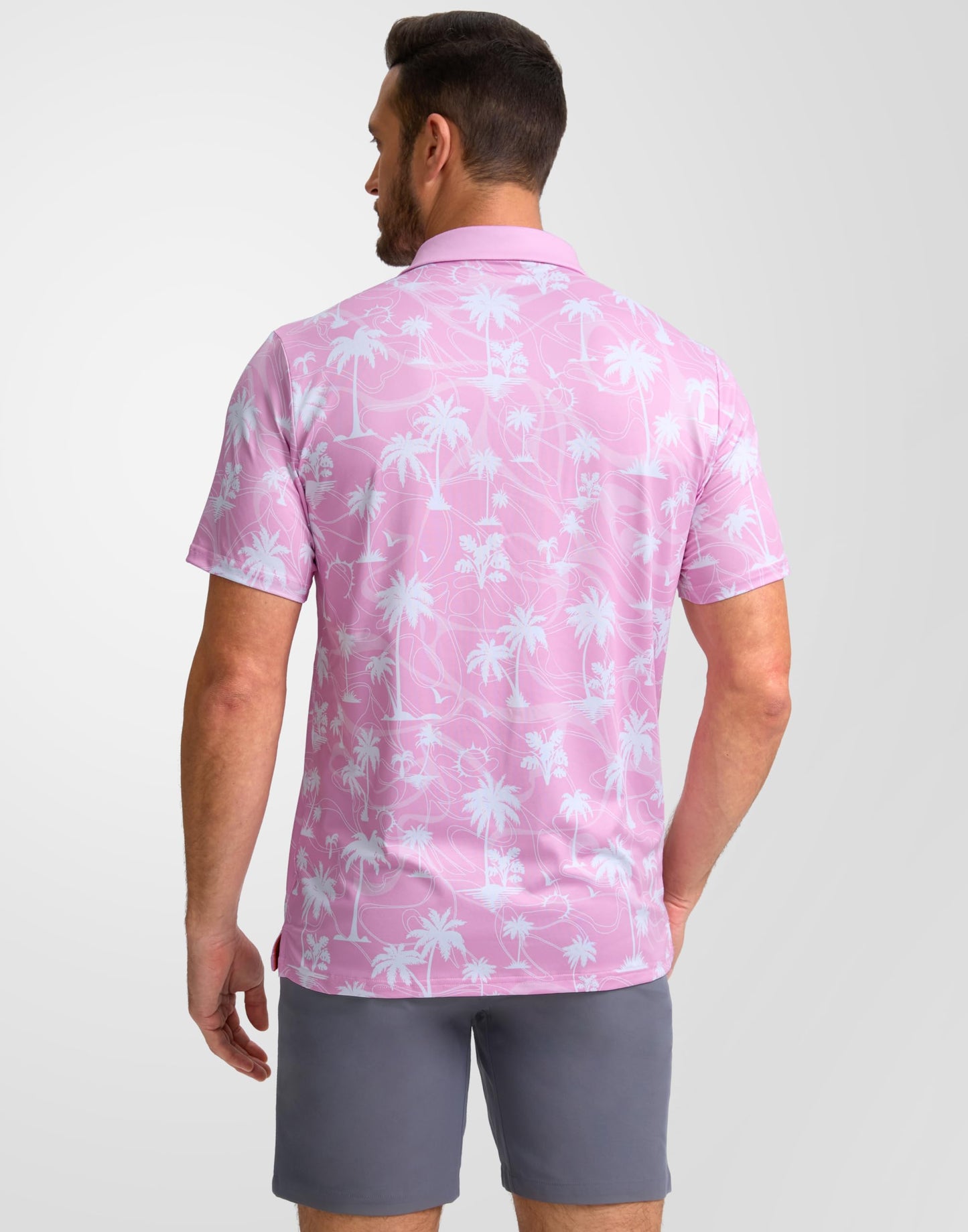 Obla Mens Golf Polo Shirts Short Sleeve Dry Fit Casual Print Collared Golf Shirts Wicking for Men(Pink Coconut Beach_XXL)