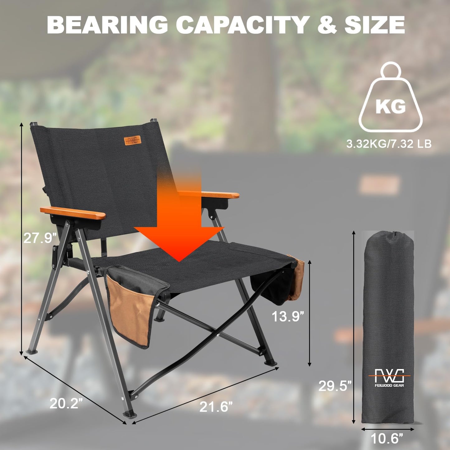 FEIWOOD GEAR Folding Camping Chair, Lightweight Portable Chair Wood Armrest with Side Pockets, Cup Holder for Camping, Picnic, Concert, Beach, Fishing, Outdoor