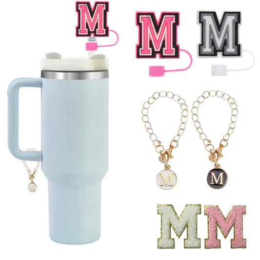 6PCS Stanley Cup Letter Charm Accessories, Silicone Straw Cover Cap Toppers, Adhesive Chenille Letters Patch Sticker, Initial Letter Hydro Charms for Stanley 30 40 Oz Tumblers Handle Decor M