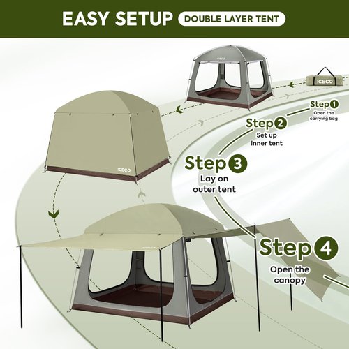 ICECO Camping Tent 4 Person, Waterproof Tents for Camping, Double Layer Tent with 4 Screen Room, Easy Setup Portable with Carry Bag for Outdoor, Picnic, 1.7M Height