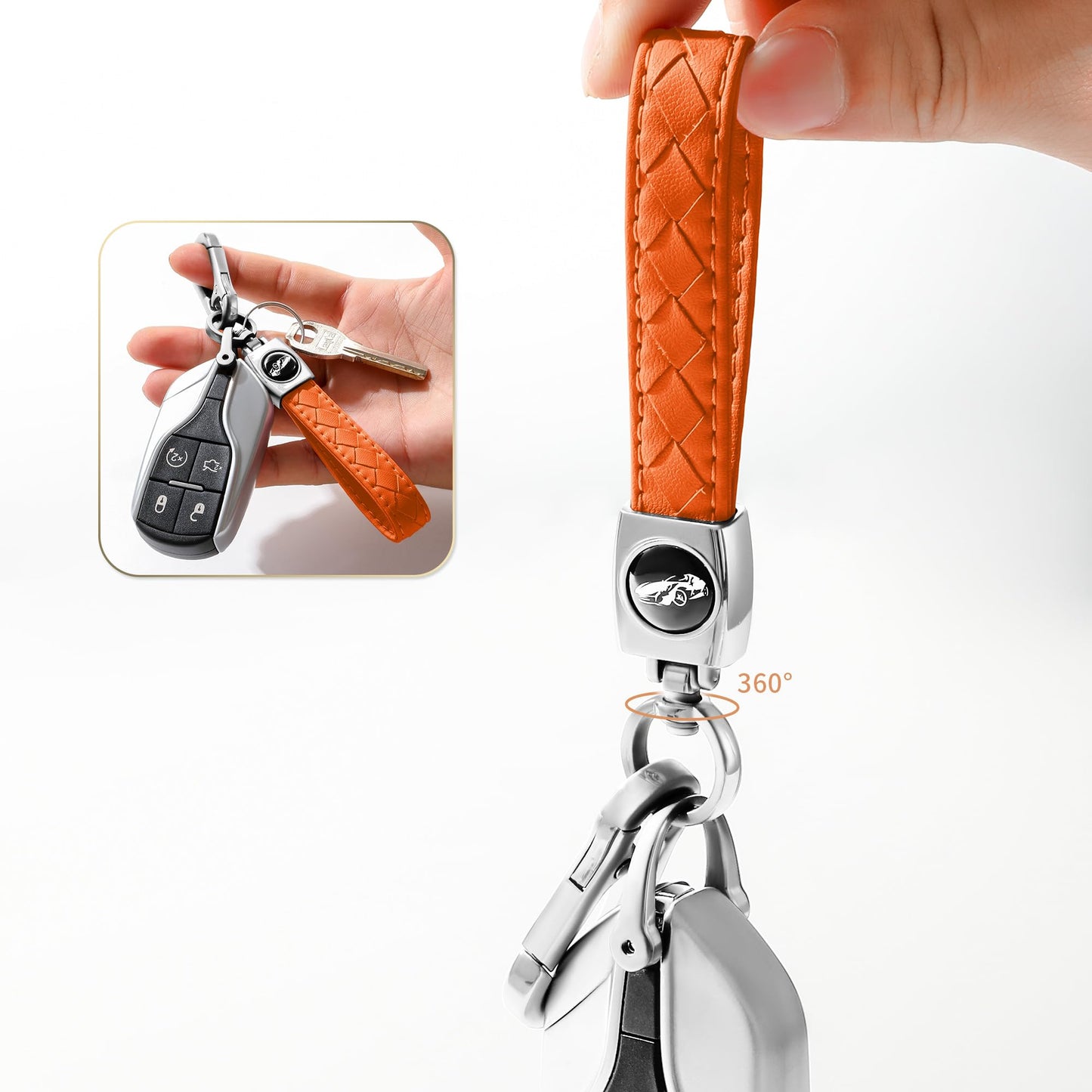 Gkeygo Carabiner Keychain, Universal Heavy Duty Woven Handmade Leather Key Chain, Car Fob Key Keychains with 360 Degree Rotatable Snap Swivel and Anti-Lost D-Ring for Men and Women, Silver - Orange