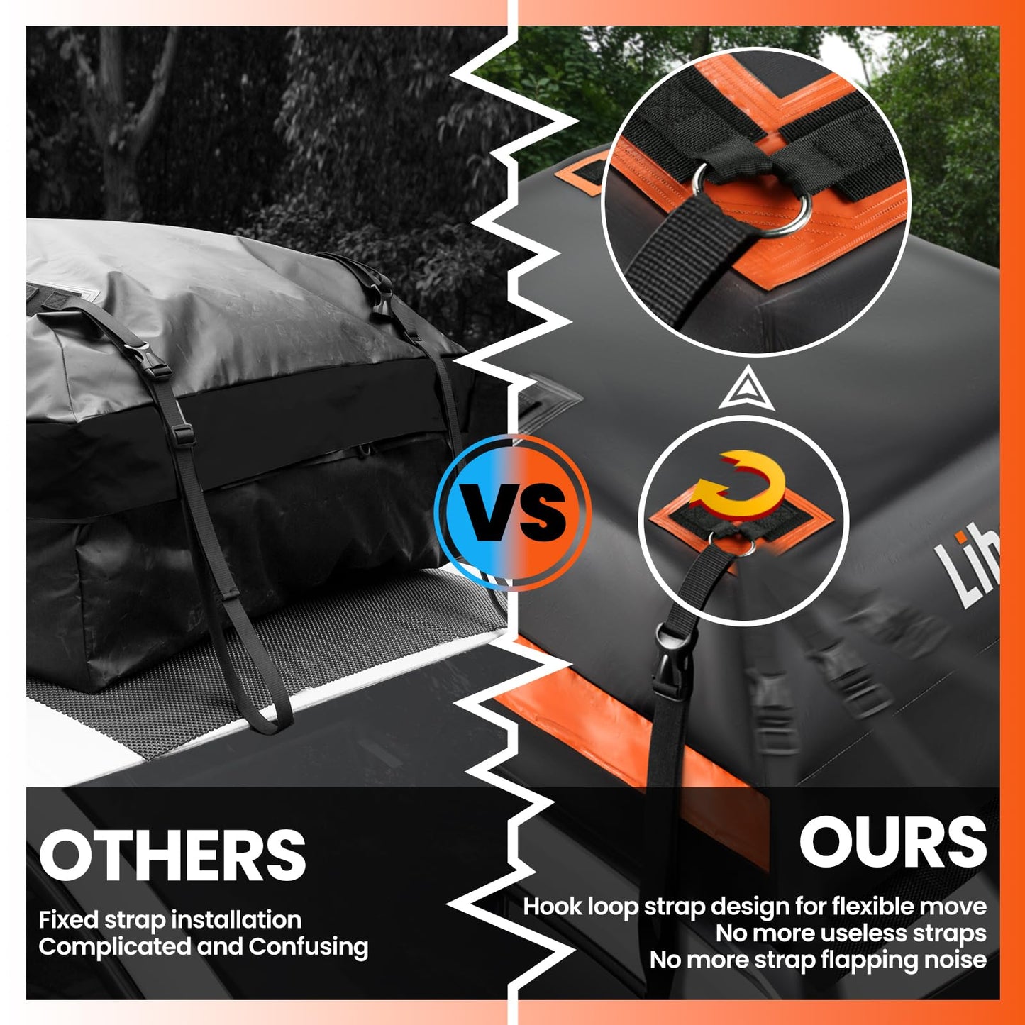 Extra Waterproof Car Rooftop Cargo Carrier Bag with Metal Ring Movable Straps Fit Cars with/Without Roof Rack, 21 Cu Ft Car Top Luggage Roof Bag with Smooth Zipper, Non-Slip Mat, 6 Door Hooks