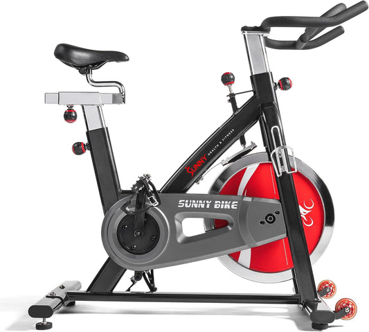 Sunny Health & Fitness Heavy-Duty Indoor Stationary Exercise Bike w/49 LB Flywheel & 275LB Capacity, 4-Way Adjustable Seat & Multi-Grip Handlebar for Cardio Training & Cycling workout at Home