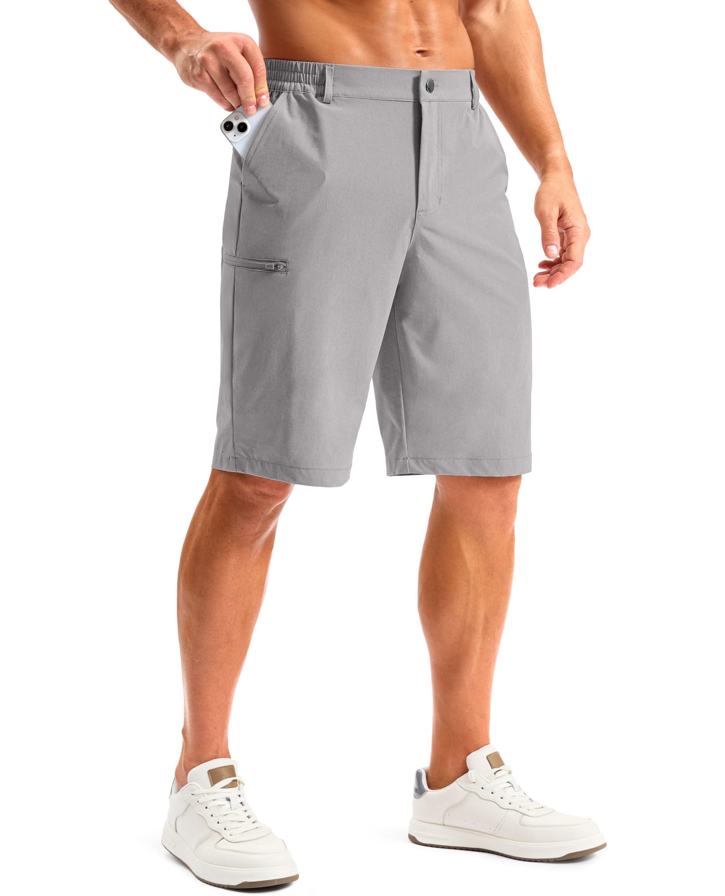 G Gradual Men's Golf Shorts 11" Long with 4 Pockets Lightweight Knee Length Elastic Waist Quick Dry Casual Dress Work Shorts (Light Grey, L)