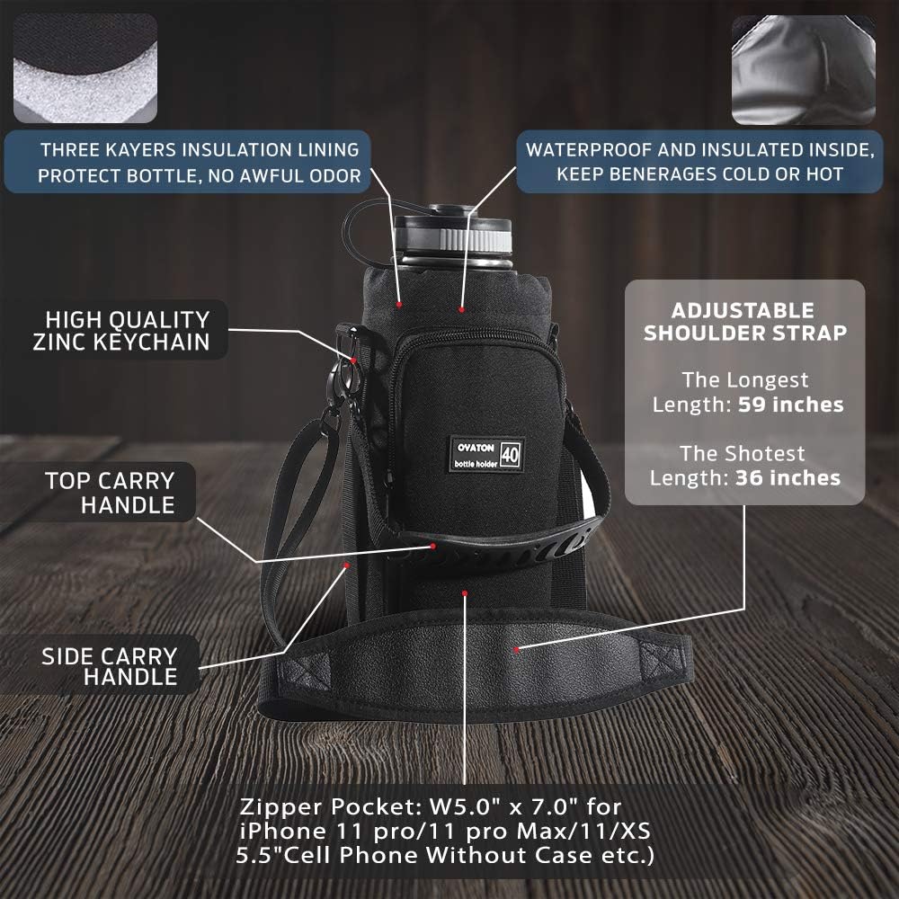 32 oz - 64 oz Black Neoprene Bottle Holder with Strap and Pocket for Walking, Travel and Hiking