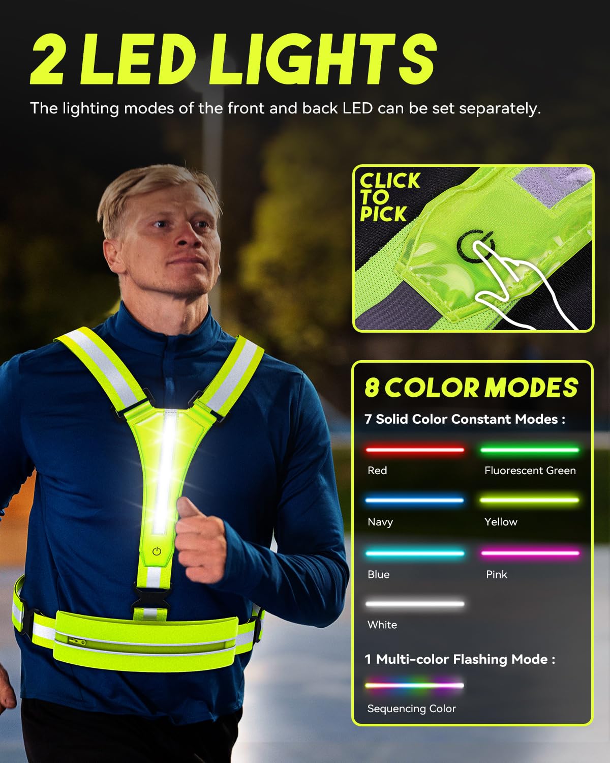 FUNWICT LED Reflective Vest Running Gear 7 Lights Colors Rechargeable High Visibility Safety Vest Reflectors for Walking at Night Reflective Running Vest for Men Women (Neongreen)