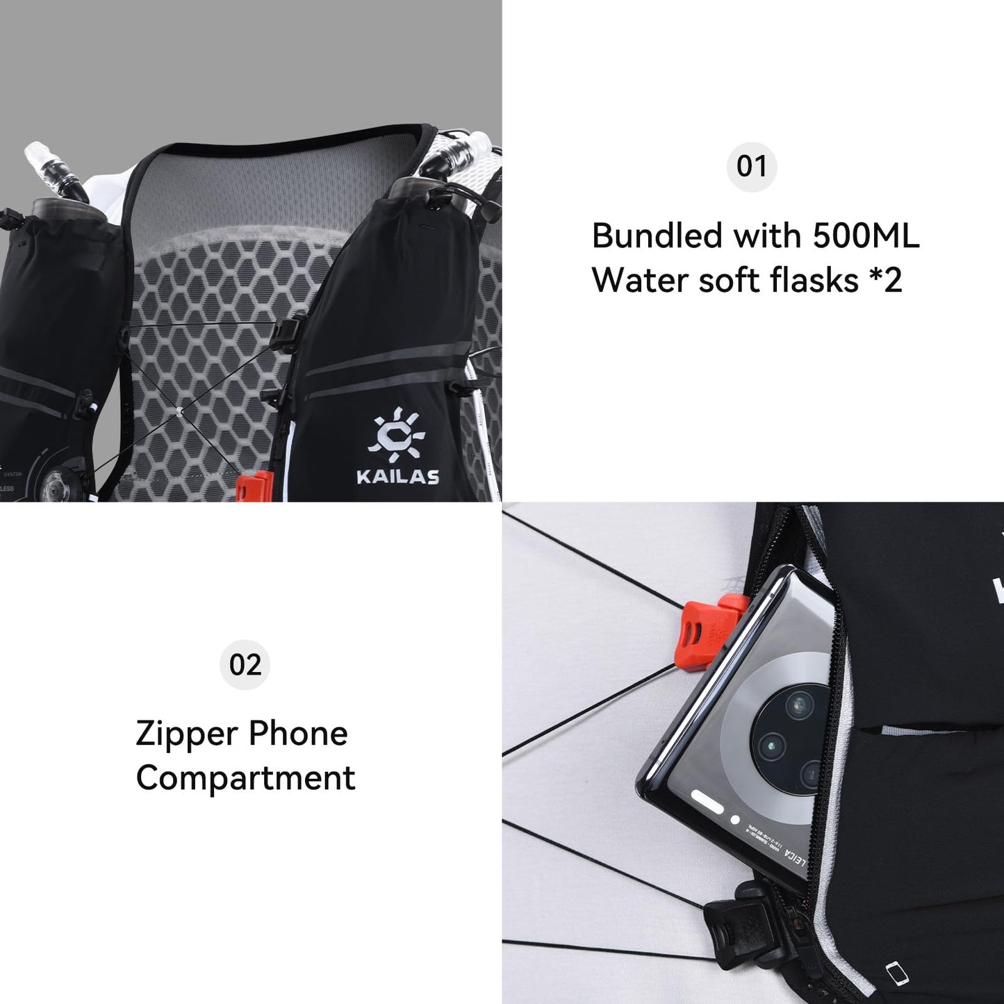 KAILAS FUGA AIR 5 Ⅳ Running Hydration Vest Hydration Pack Lightweight with Two TPU Water Bladders for Women Men Trail Cycling Hiking Black M