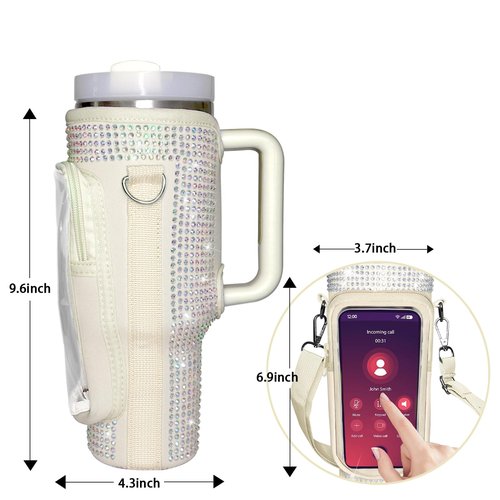 mpmpssss Bling Water Bottle Carrier Bag with Touchscreen Phone Pocket for Stanley 40oz Tumbler with Handle Neoprene Water Bottle Holder Pouch with Adjustable Strap for Stanley Cup Accessories.