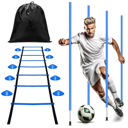 Vertintong Agility Training Poles Equipment Soccer Training Equipment Includes 4 Pcs 5ft Soccer Training Poles 13 ft Agility Ladder 10 Soccer Disc Cones with Black Bag for Speed Training(Blue)