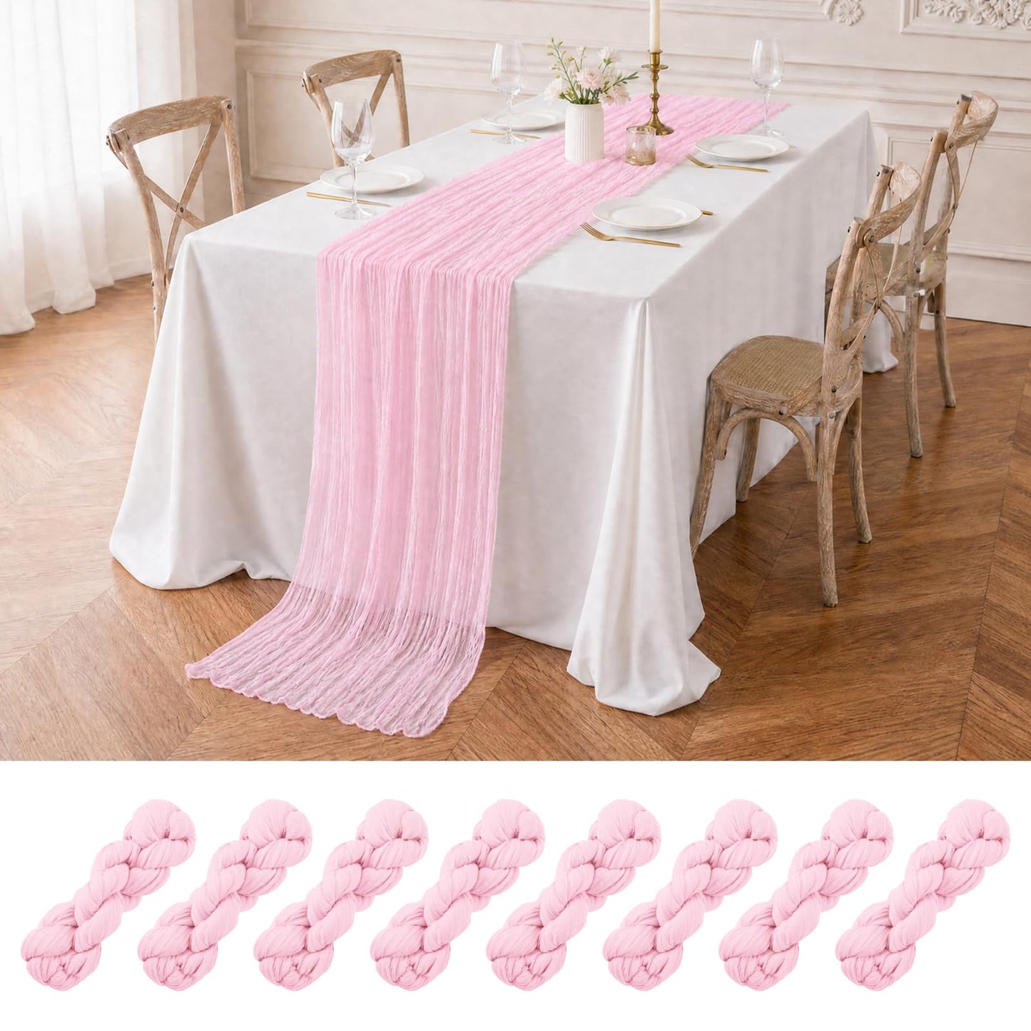 12 Pack Light Pink Cheesecloth Table Runner 35 x 70 Inch Gauze Cheese Cloth Table Runner, Boho Rustic Wedding Table Runner for Wedding Bridal Shower Graduation Party Banquet Table Decorations