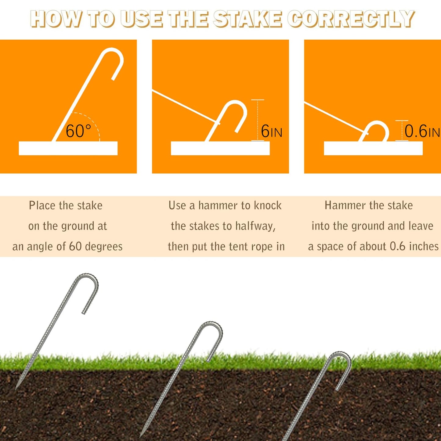 J Hook Heavy Duty Galvanized Reinforced Ground Nails - Outdoor Canopy Tent & Gardening Ground Anchor (12)