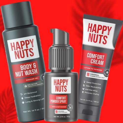 Happy Nuts Comfort Bundle - Comfort Cream Body Wash and Powder Spray - Anti-Chafing Sweat Defense and Men's Shower Body Wash
