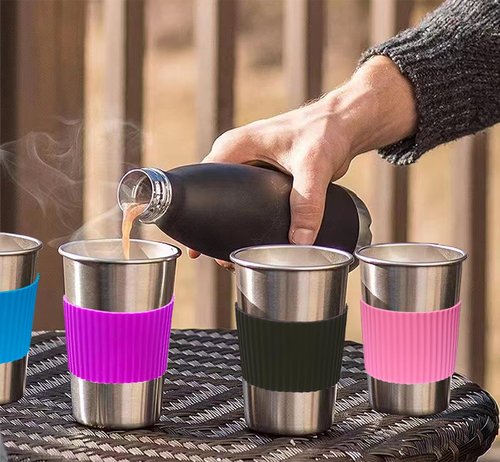 Navmudin Cups with Lids and Straws, 17oz 4 Pack Reusable Leakproof Stainless Steel Cups, BPA Free Unbreakable Metal Coffee/Beer/Smoothie Camping Cup(Black&Blue&Pink&Purple)