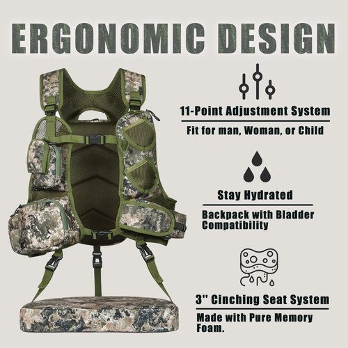 LUCKY CLOVER Turkey Vest, Comfortable Turkey Hunting Vest with Seat Cushion, Turkey Hunting Gear Accessories (Mountain Camo)