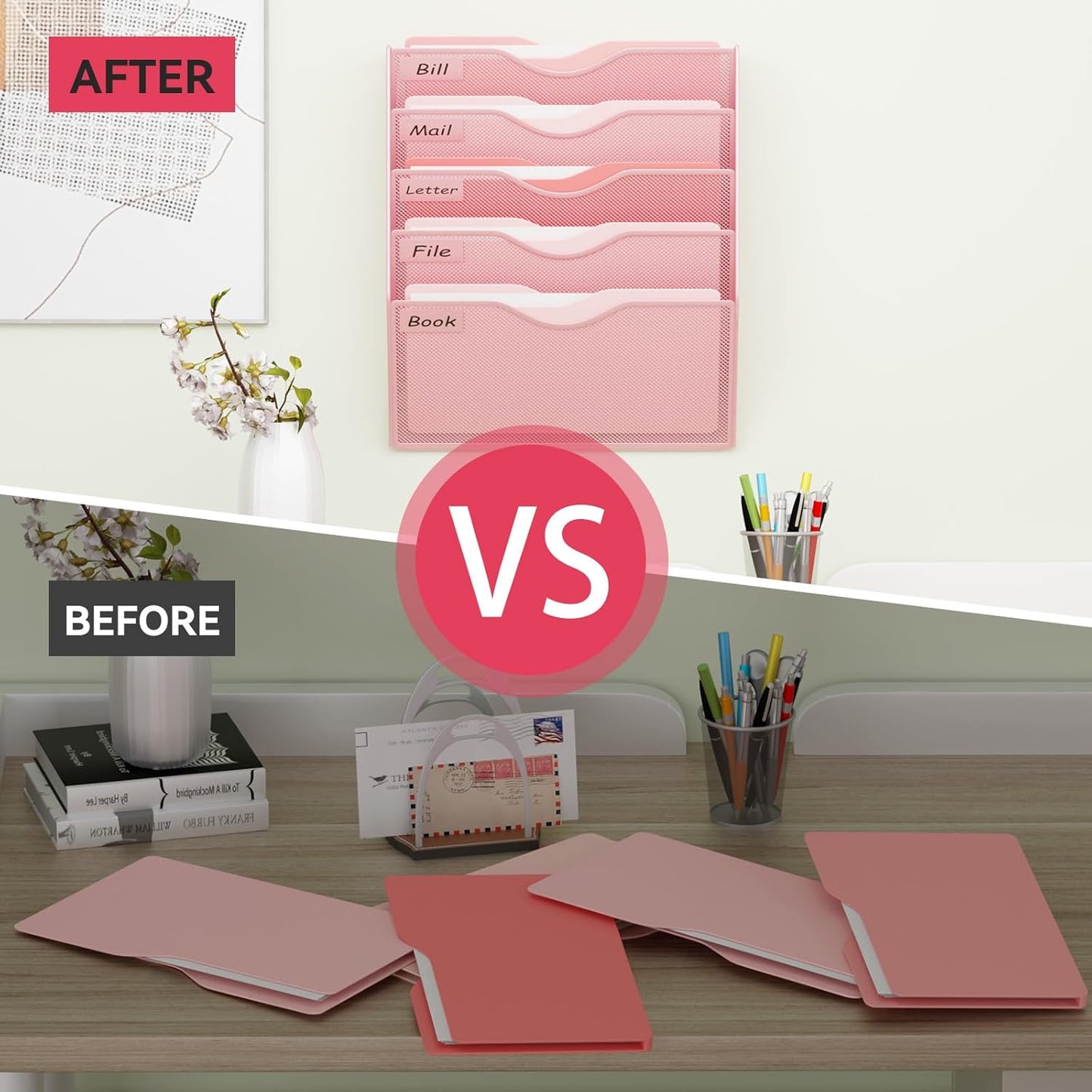 5 Pockets Mesh Hanging Wall File Holder Organizer Wall Mounted Paper Magazine Rack, Black