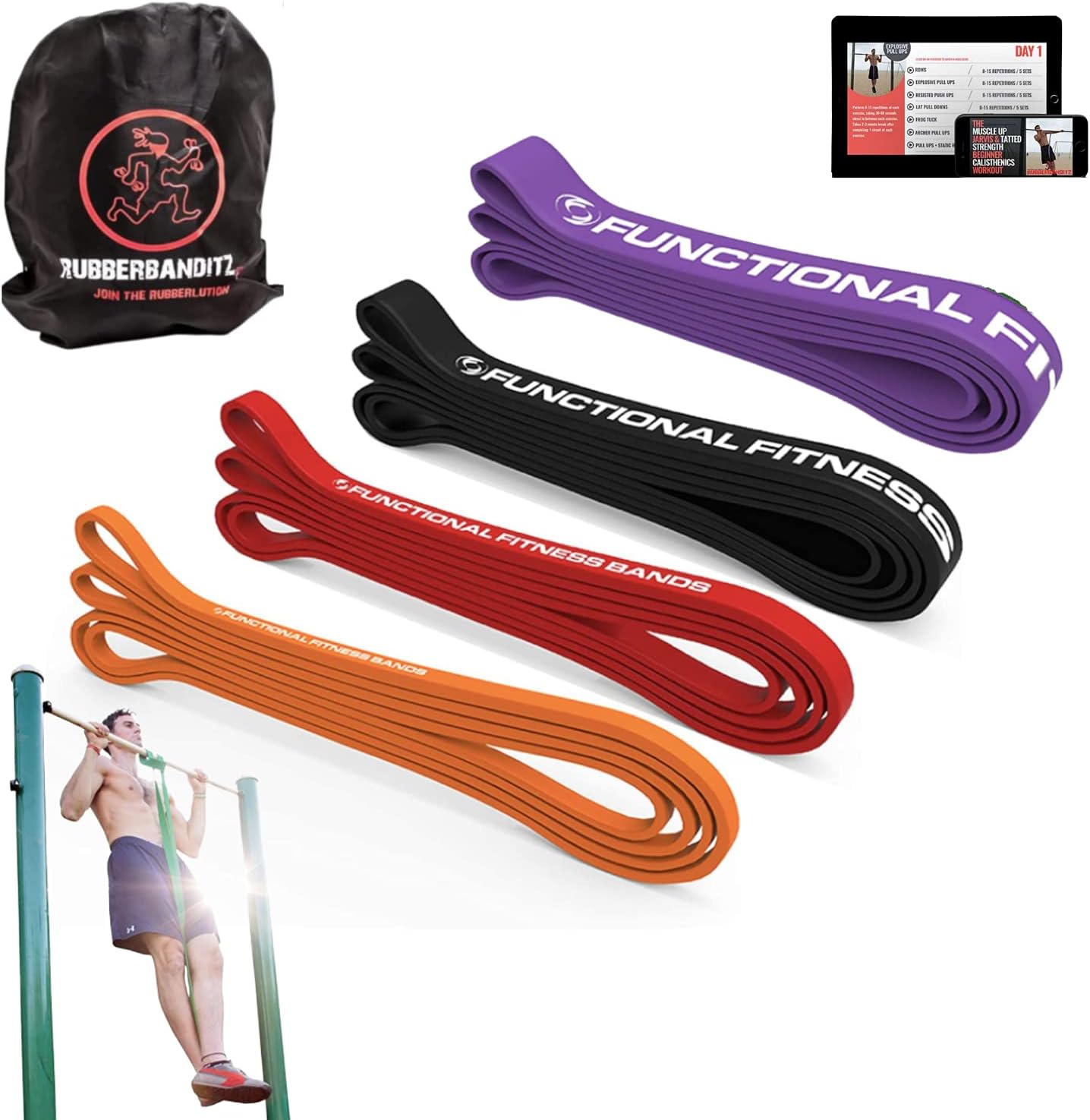 Rubberbanditz Pull Up Assist Bands Set of 3 by Functional Fitness. Heavy Duty Resistance and Assistance Training Bands