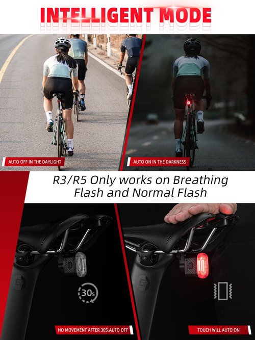 ROCKBROS Smart Bike Tail Light Brake Sensing Bicycle Rear Lights for Night Riding with IPX6 Waterproof, Type C USB Rechargeable