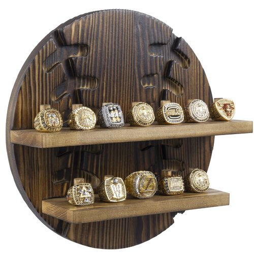 MyGift 2 Tier Rustic Burnt Wood Sports Championship Ring Holder with Baseball Cutout Backing, Wall Mounted Collectible Rings Jewelry Storage Display with 12 Pegs