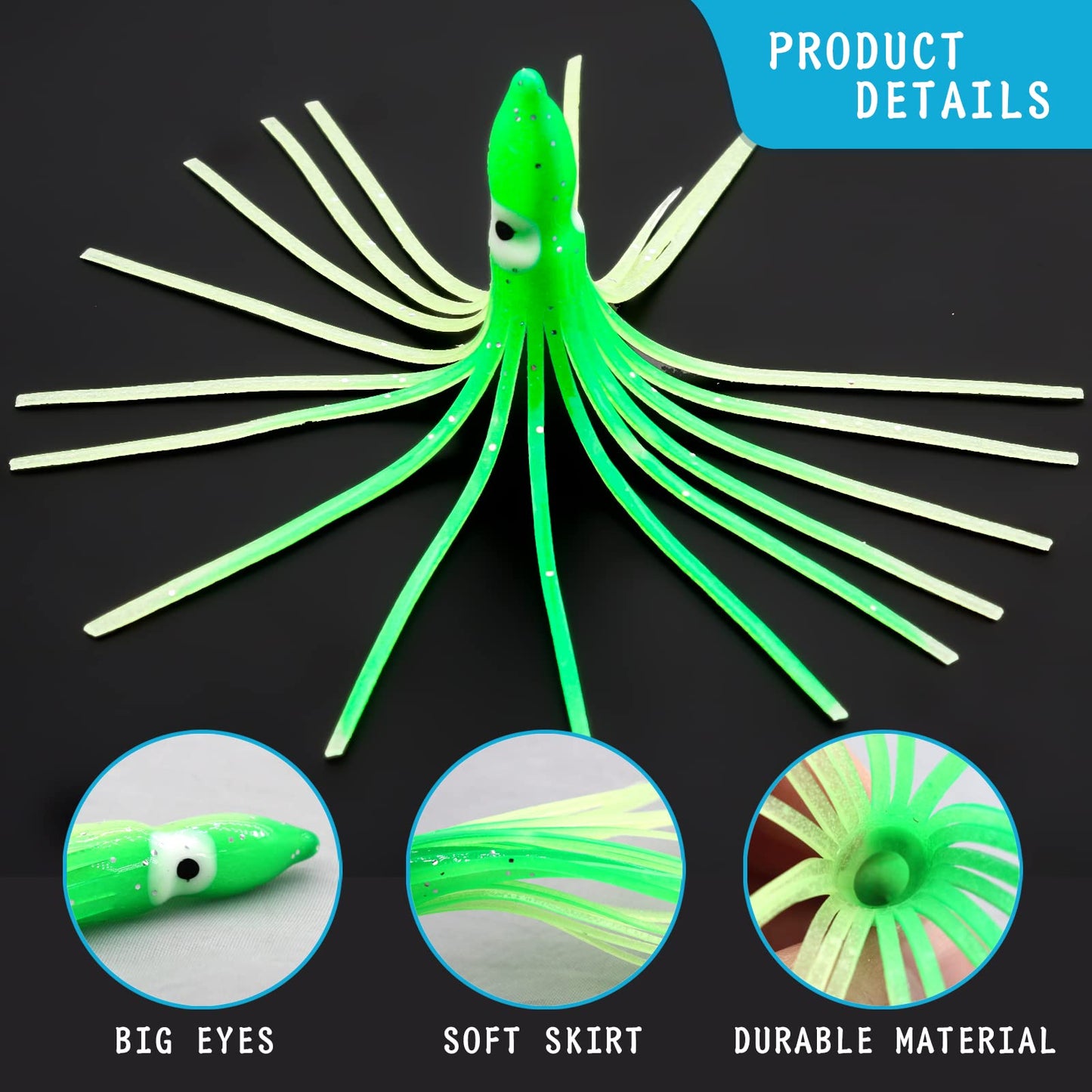 Gefischtter 50PCS Squid Swimbait Fishing Soft Plastic Lures Glow Octopus Skirt Worm Lure Kit for Sea Fishing (3.54in)