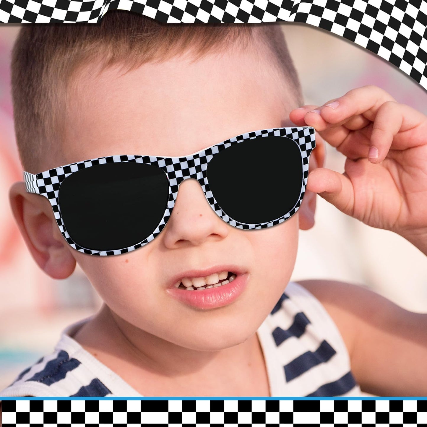 6 Pack Race Car Checkered Sunglasses White Black Frame Checker Sunglasses Bulk for Kids Race car Party Favors Essentials & Gear Up With Hot Car Plastic Glasses for Racing Theme Birthday Supplies Gifts